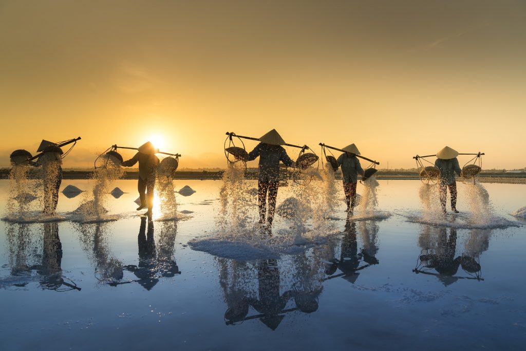 Un groupe de personnes debout dans l'eau au coucher du soleil, suivant un régime Seignalet.