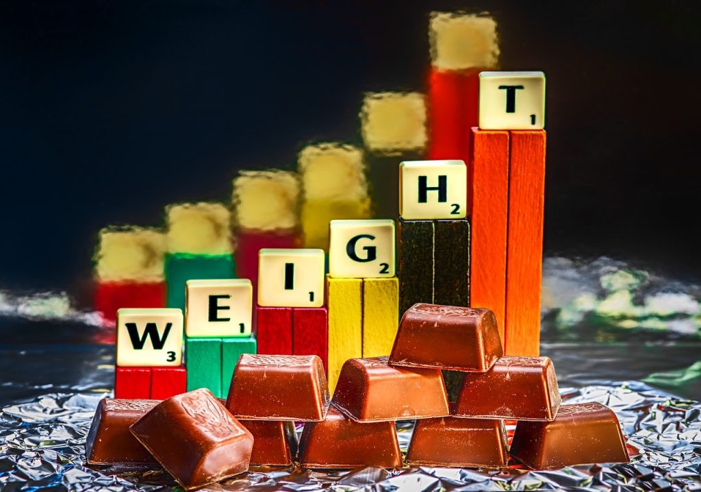 Una pila di barrette di cioccolato accanto alla parola perdita di peso.